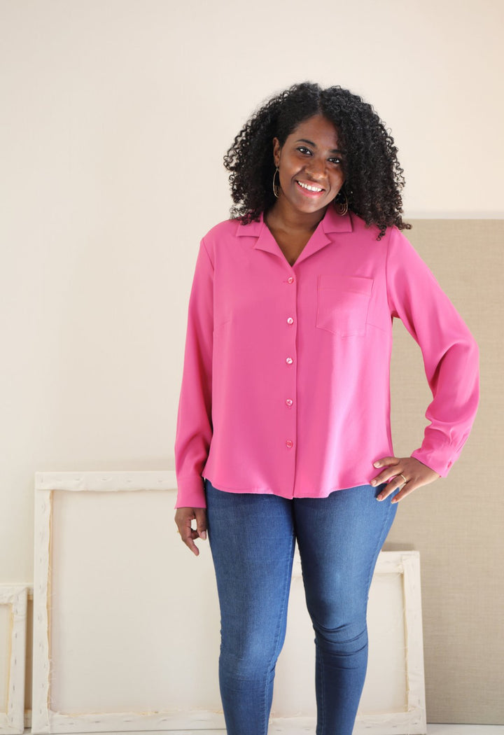 Liesl + Co Camp Shirt and Dress sewing pattern with convertible collar and optional pockets