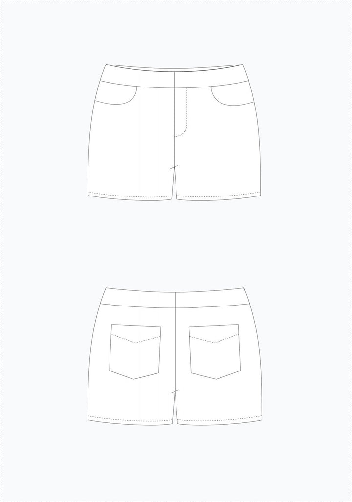 Grainline Studio Maritime Shorts sewing pattern with curved front pockets, back patch pockets, fly closure, sizes 0–18