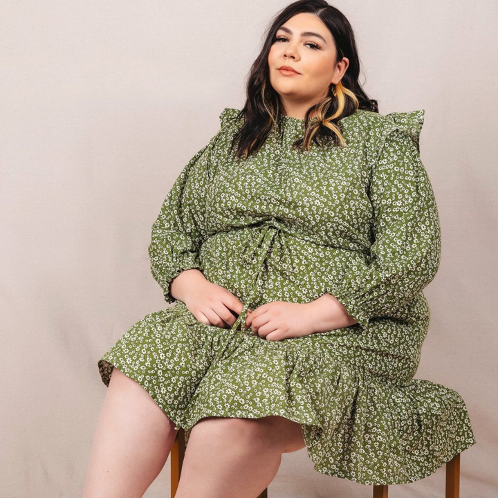 Friday Pattern Co. Davenport Dress sewing pattern with flutter shoulders, ruffle sleeves, drawstring waist, and roomy pockets.