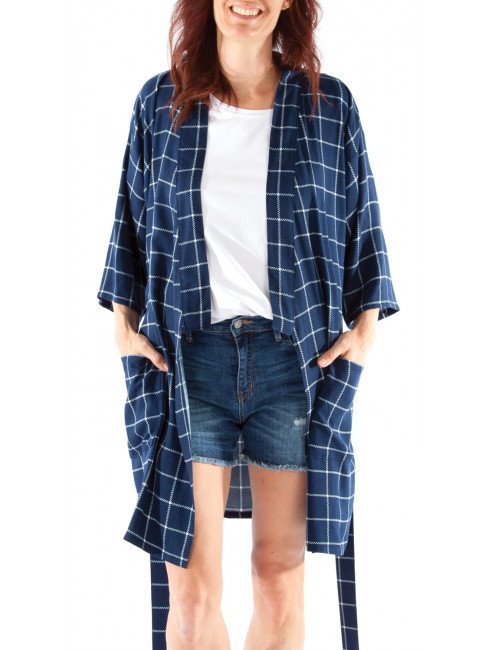 Jalie Melanie Kimono Robe sewing pattern – knee-length robe with sash belt, patch pockets, and three-quarter sleeves.