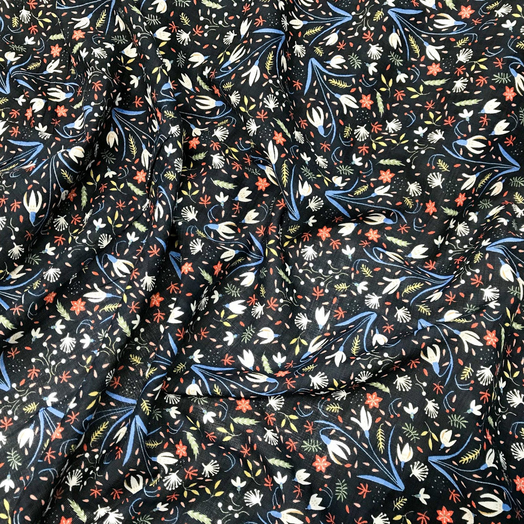 Cotton Viscose Voile Floral Party in Navy lightweight fabric with multicolor floral print