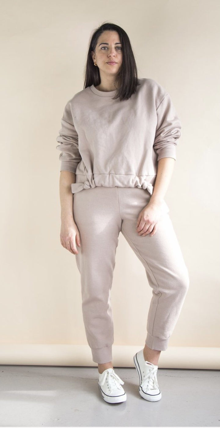 Closet Case Plateau Joggers sewing pattern with high-rise waist and wrap-around pockets