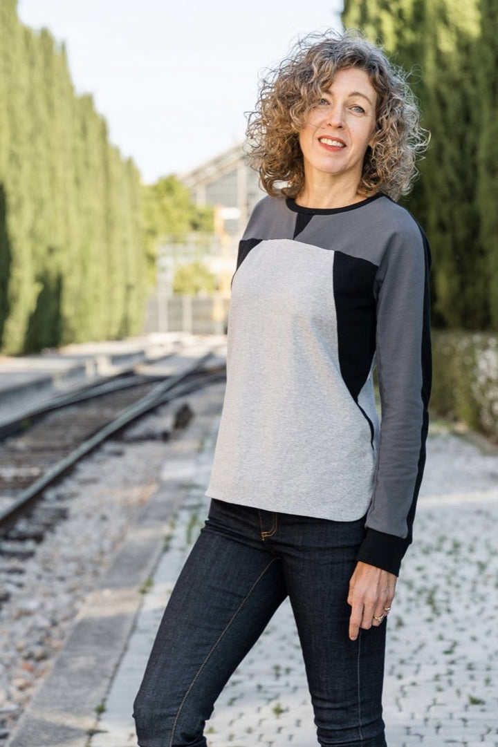 Liesl + Co Norde T-Shirt and Sweatshirt sewing pattern with color-blocked design and boxy fit