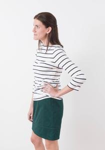 Grainline Studio Moss Skirt sewing pattern featuring semi-fitted design, fly front, and back yoke