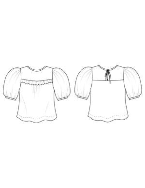 Friday Pattern Co. Sagebrush Top sewing pattern – puff sleeve blouse with gathered front detail, sizes XS–7X