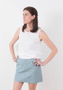 Grainline Studio Moss Skirt sewing pattern featuring semi-fitted design, fly front, and back yoke