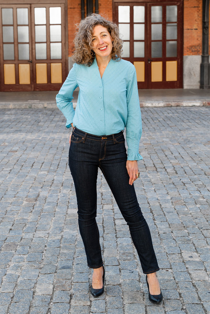 Liesl + Co Fitzroy Blouse sewing pattern with shawl collar and sleeve variations