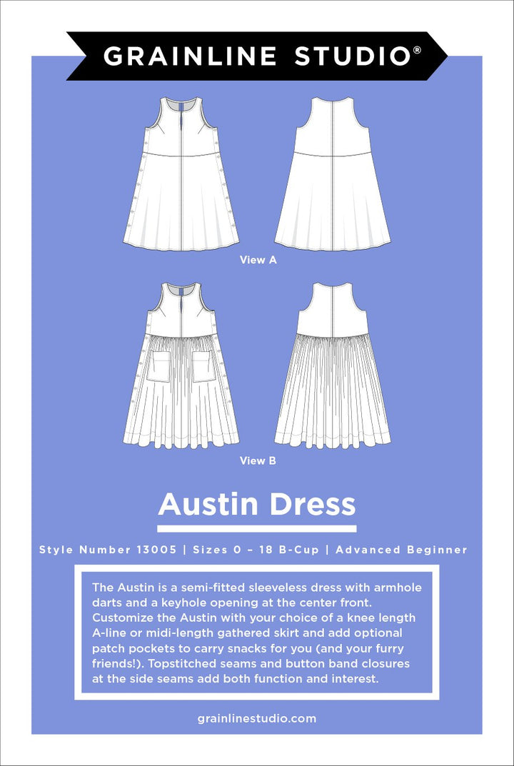 Grainline Studio Austin Dress sewing pattern sizes 0–18 with sleeveless bodice, keyhole opening, and customizable skirt options