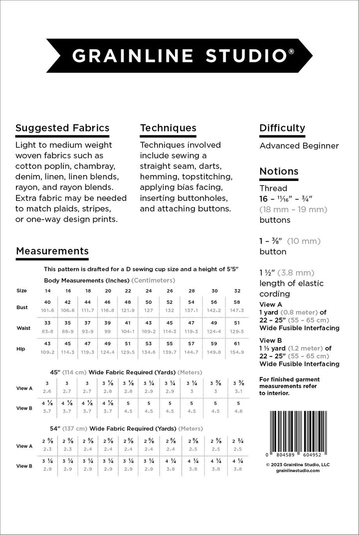 Grainline Studio Austin Dress sewing pattern for sizes 14–32 with sleeveless design, side button closures, and customizable skirt options