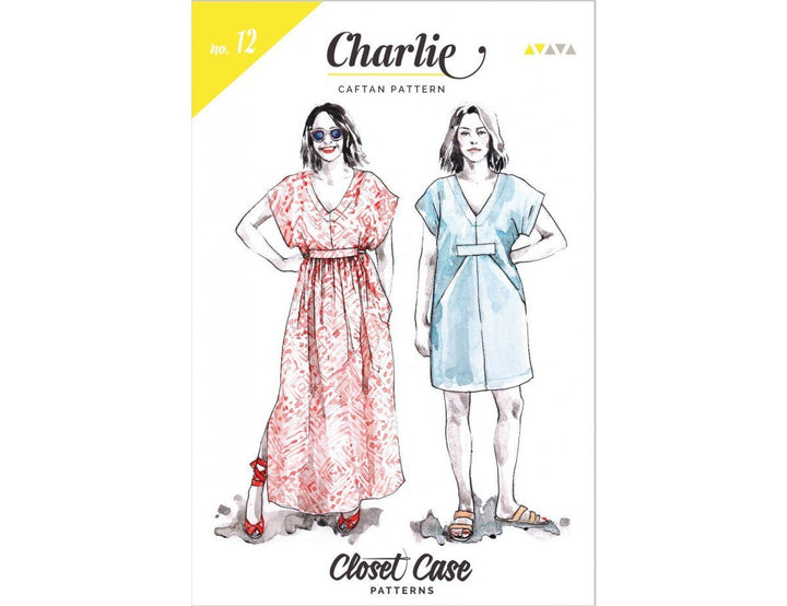 Closet Core Charlie Caftan sewing pattern – flowy summer dress with V-neckline, kimono sleeves, and multiple design variations
