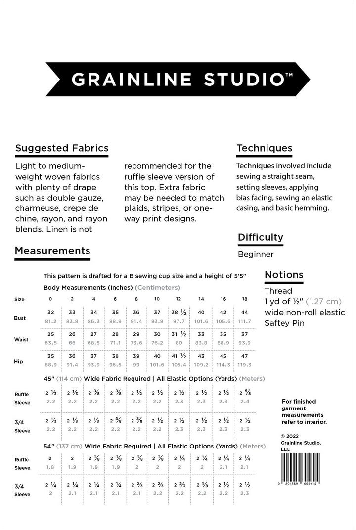 Grainline Studio Corbin Top sewing pattern for sizes 0–18, featuring ruffled cap and 3/4-length sleeve options.