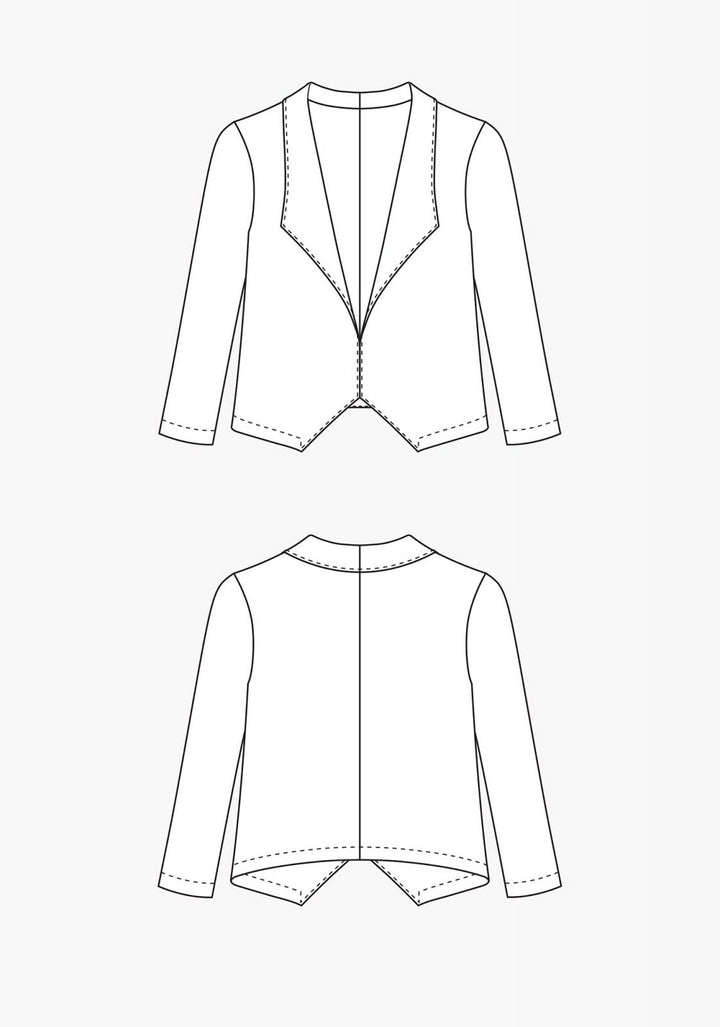 Grainline Studio Morris Blazer sewing pattern with shawl collar, bracelet-length sleeves, medium weight fabric, sizes 0–18