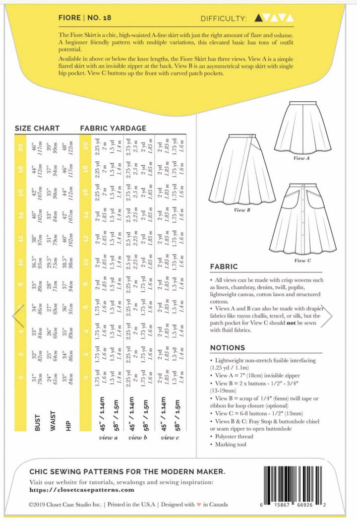 Closet Core Fiore Skirt sewing pattern – high-waisted A-line skirt with three variations including wrap, button-front, and classic flare