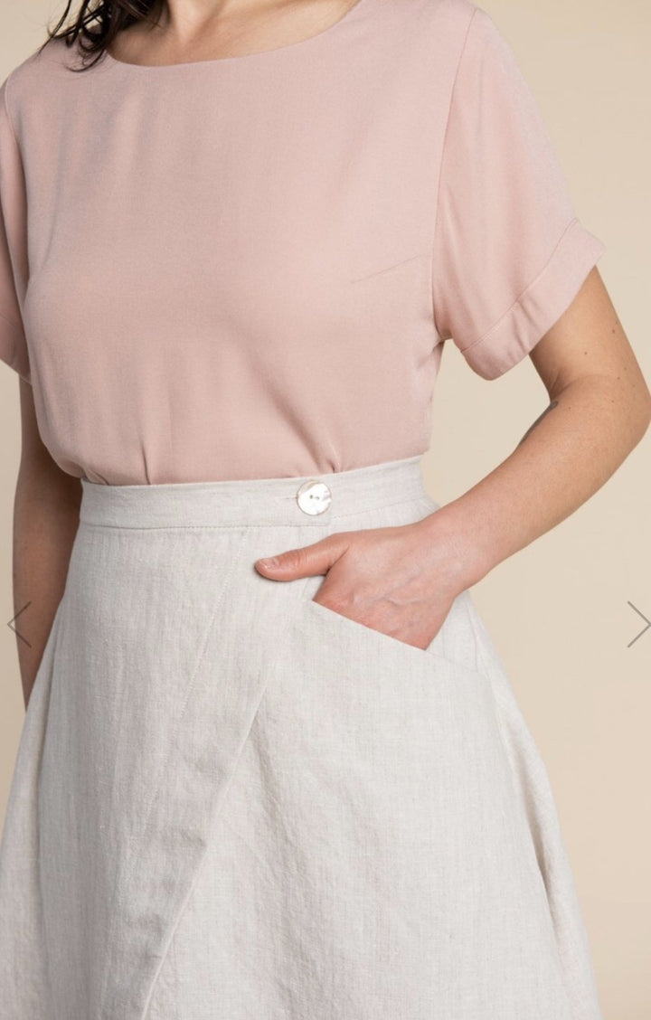 Closet Core Fiore Skirt sewing pattern – high-waisted A-line skirt with three variations including wrap, button-front, and classic flare