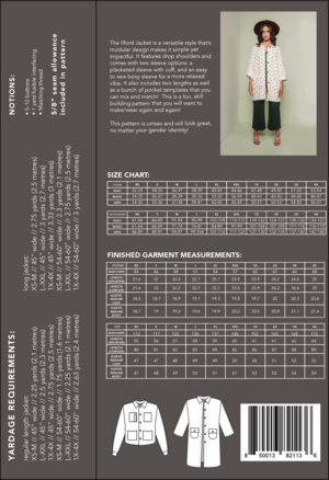 Friday Pattern Co. Ilford Jacket sewing pattern with drop shoulders, placketed or boxy sleeves, multiple pocket options, two lengths, sizes XS–4X