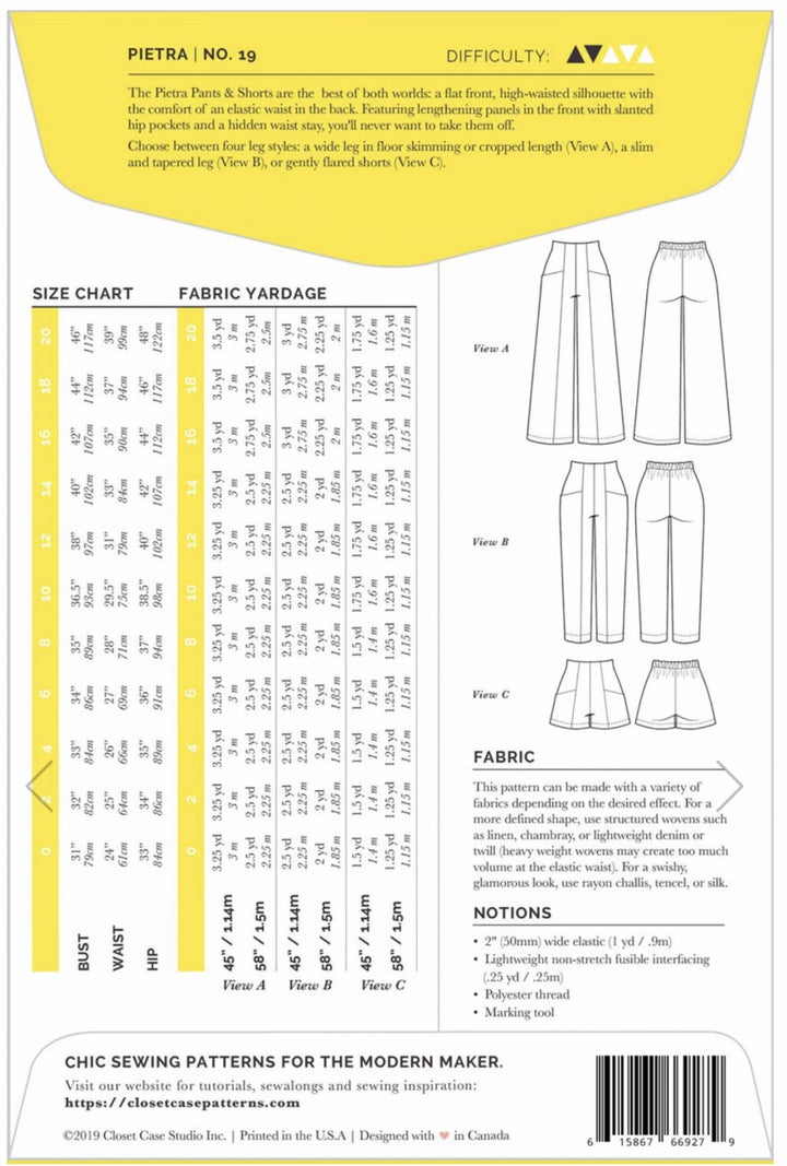 Closet Core Pietra Pants & Shorts sewing pattern – high-waisted trousers and shorts with flat front and elastic back