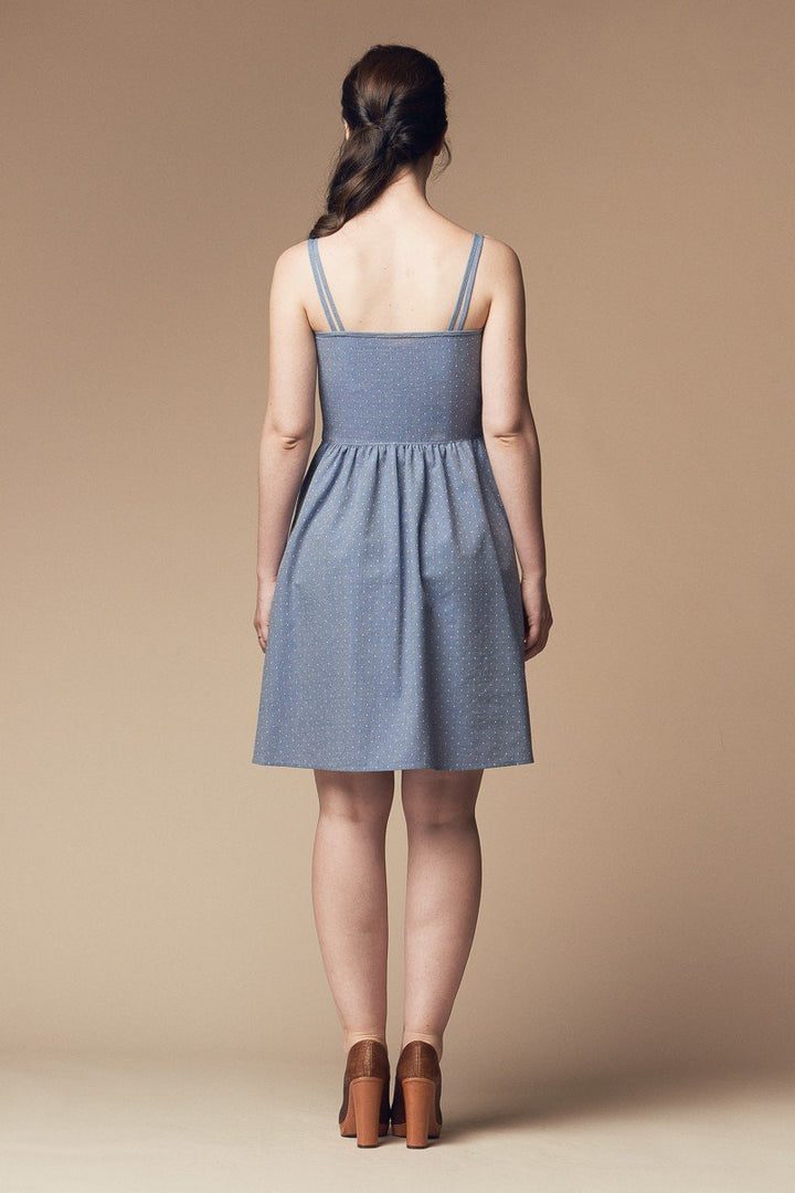 Deer and Doe Centauree Dress sewing pattern with double straps, geometric paneled bodice, above-knee or high-low hem, sizes 34–46