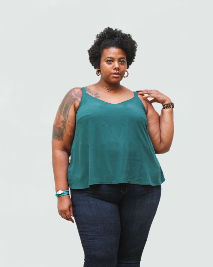 True Bias Ogden Cami sewing pattern in sizes 14–30 with V-neckline, wide straps, and partial lining for a polished finish.