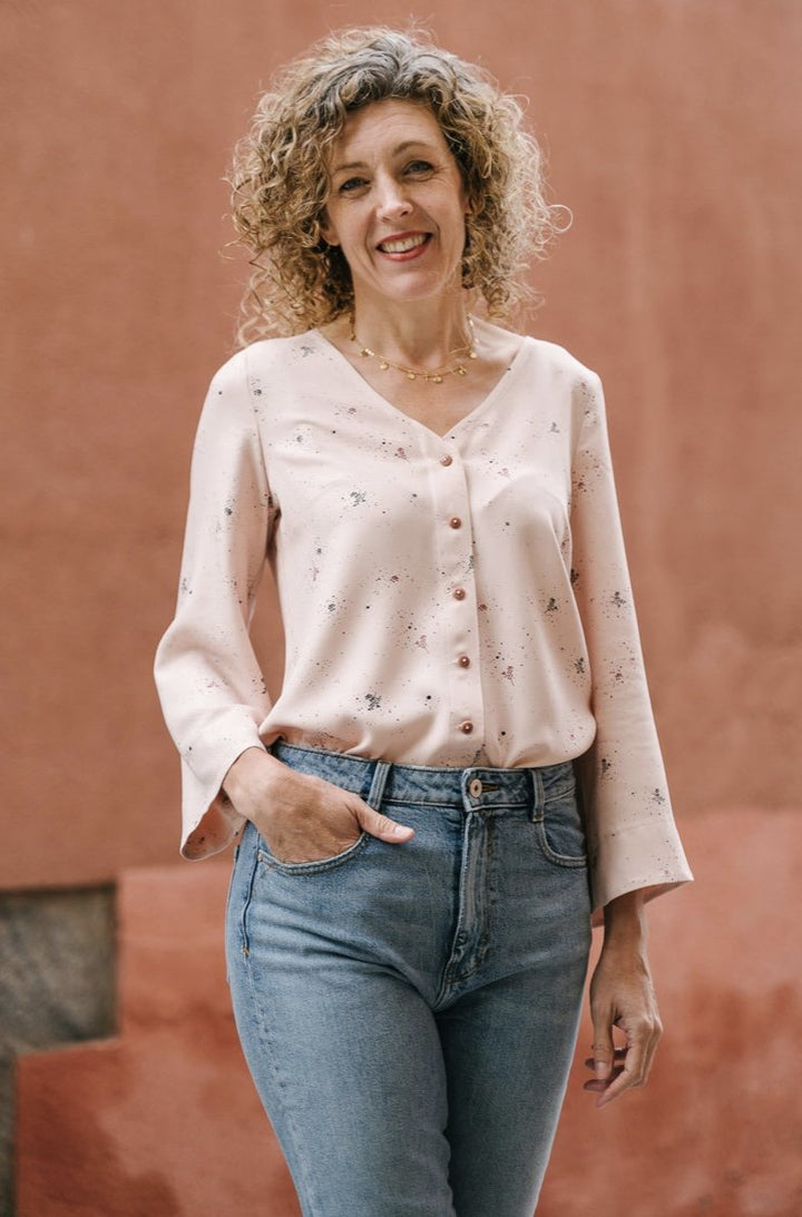 Liesl + Co Geneva V-Neck Blouse sewing pattern with lantern and bell sleeve options