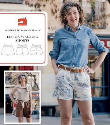 Liesl + Co Lisboa Walking Shorts sewing pattern with paper-bag waist and back pocket options