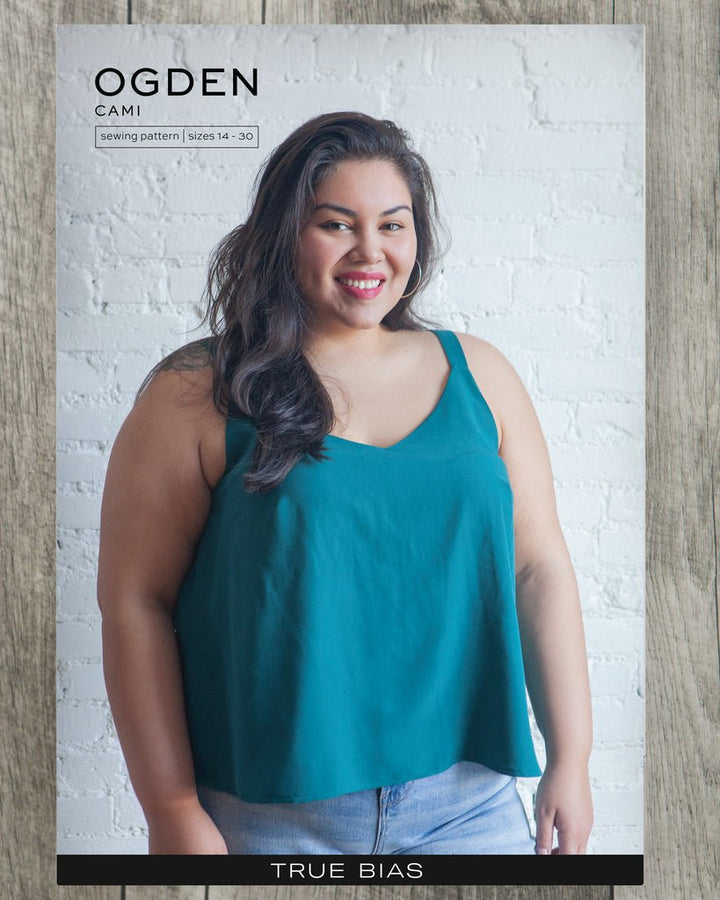 True Bias Ogden Cami sewing pattern in sizes 14–30 with V-neckline, wide straps, and partial lining for a polished finish.