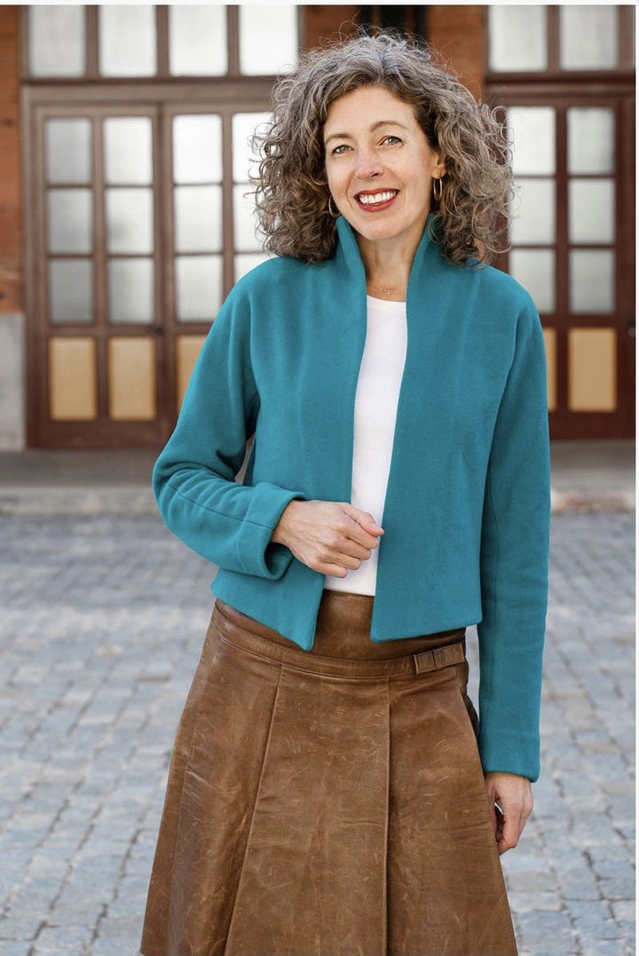 Liesl + Co Yanaka Jacket sewing pattern semifitted cropped blazer-cardigan with cutaway sleeves