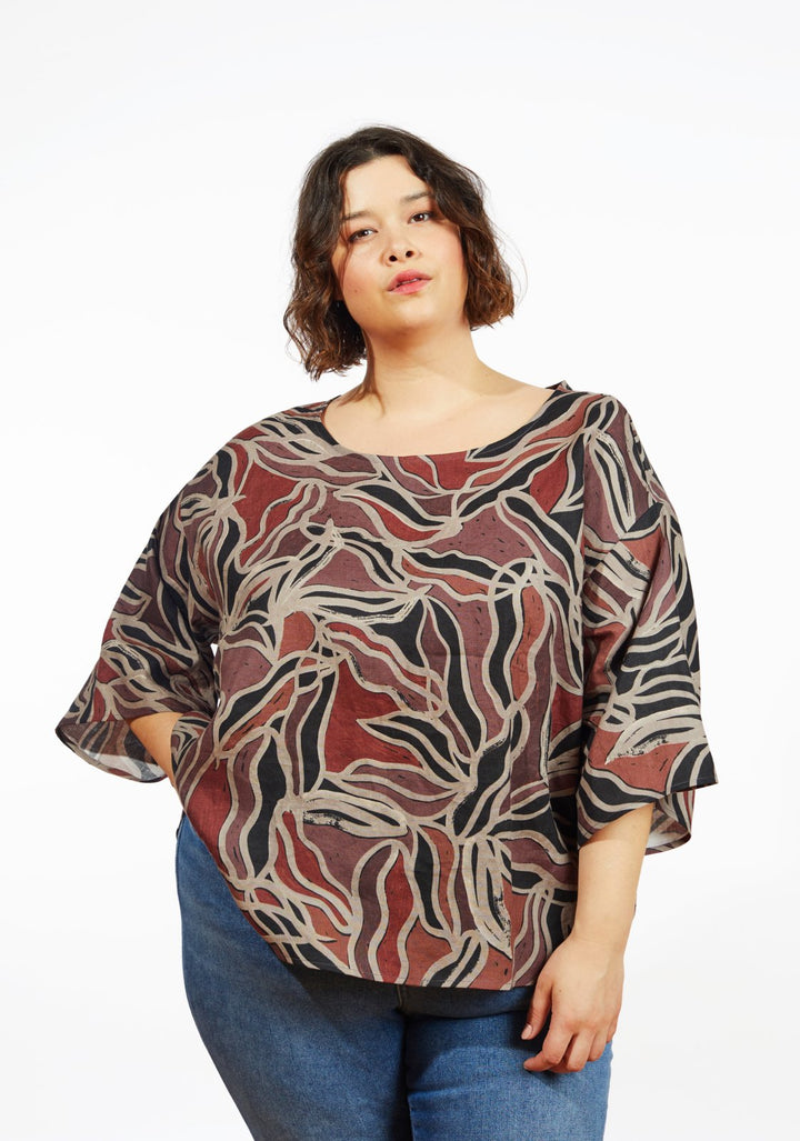 Grainline Studio Corbin Top sewing pattern for sizes 14–32, featuring ruffled cap and 3/4-length sleeve options.