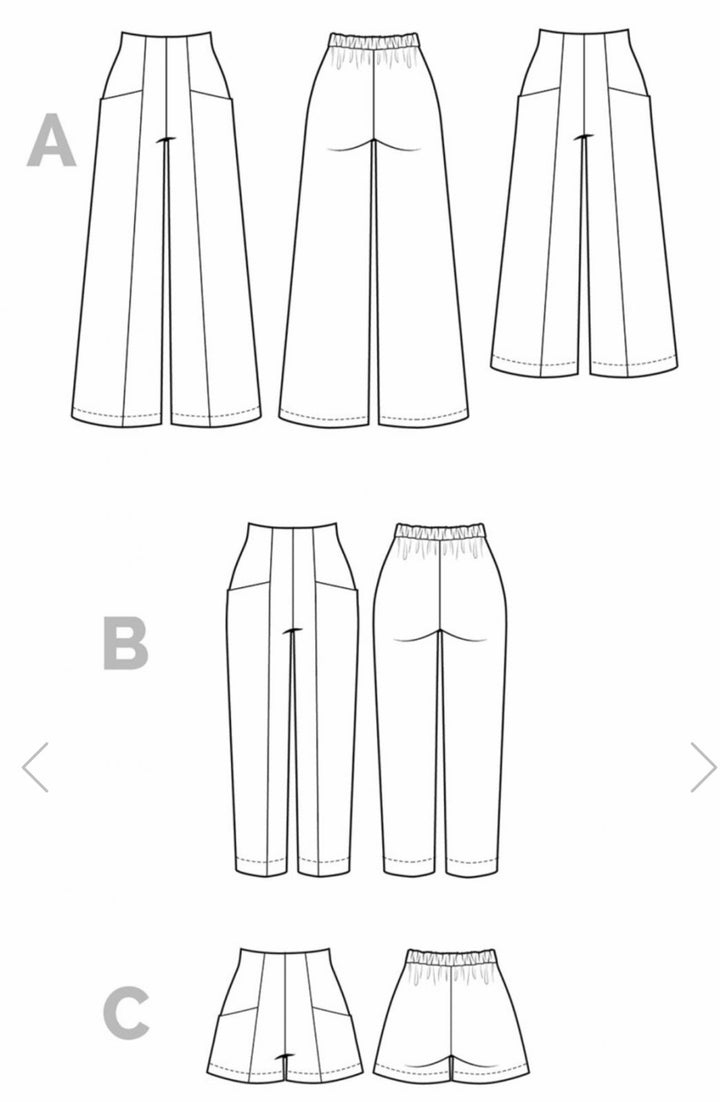 Closet Core Pietra Pants & Shorts sewing pattern – high-waisted trousers and shorts with flat front and elastic back