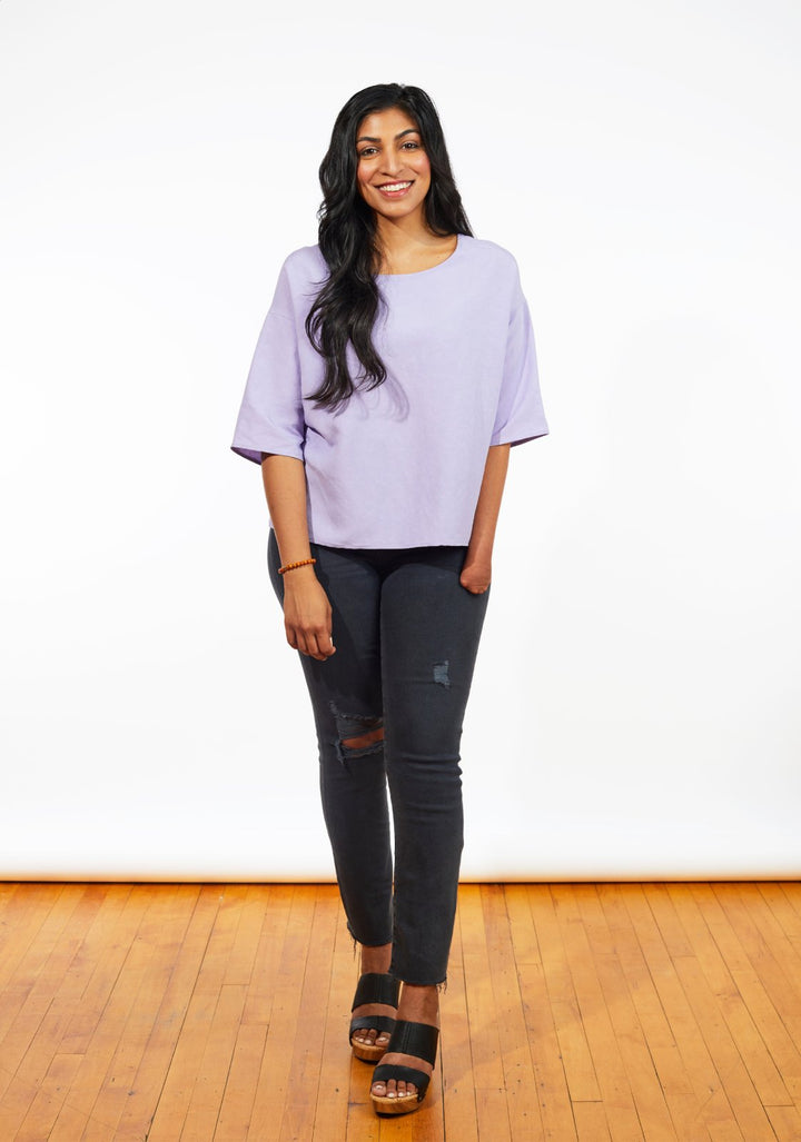 Grainline Studio Corbin Top sewing pattern for sizes 0–18, featuring ruffled cap and 3/4-length sleeve options.