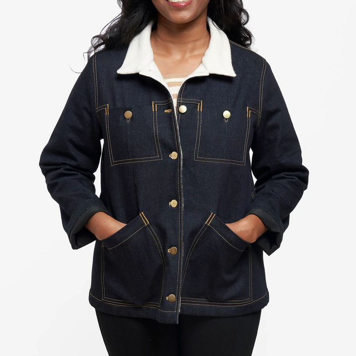 Grainline Studio Thayer Jacket sewing pattern sizes 0–18 with A-line shape, patch and yoke pockets, two-piece sleeves, fully lined for warmth