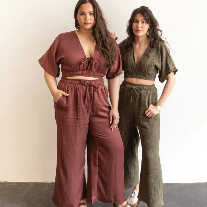 Friday Pattern Co. Saguaro Set sewing pattern featuring flowy pants with pockets and a reversible V-neck pullover top, sizes XS–7X.