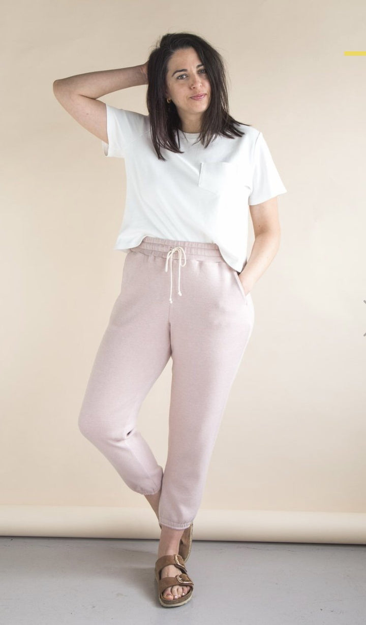 Closet Case Plateau Joggers sewing pattern with high-rise waist and wrap-around pockets