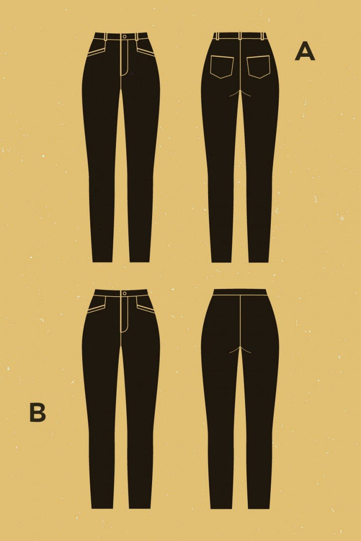 Deer and Doe Safran Pants sewing pattern with high-waist skinny fit, back pockets, belt loops, and cropped ankle version