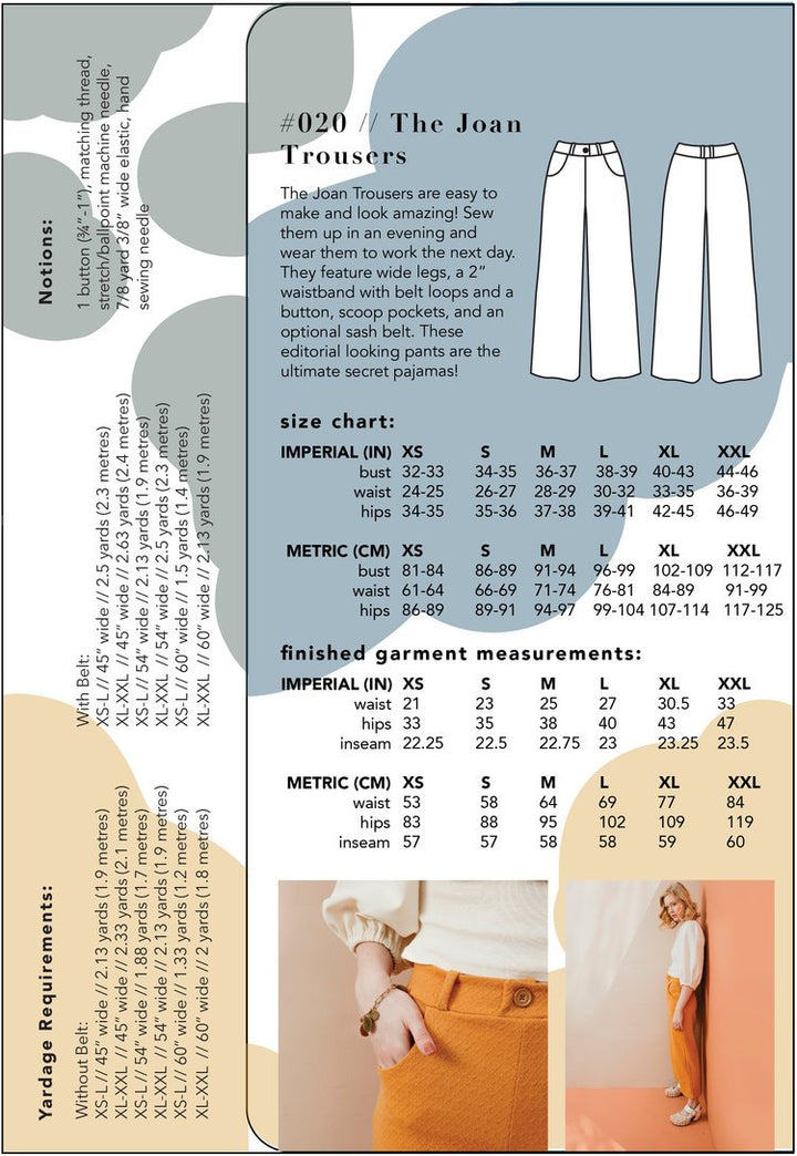 Friday Pattern Co. Joan Trousers in knit fabric with wide legs, waistband, scoop pockets, and optional sash belt