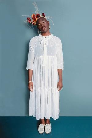 Friday Pattern Co. Wilder Gown sewing pattern with raglan sleeves, tiered skirt, tie-up neckline, and customizable lengths, sizes XS–4X