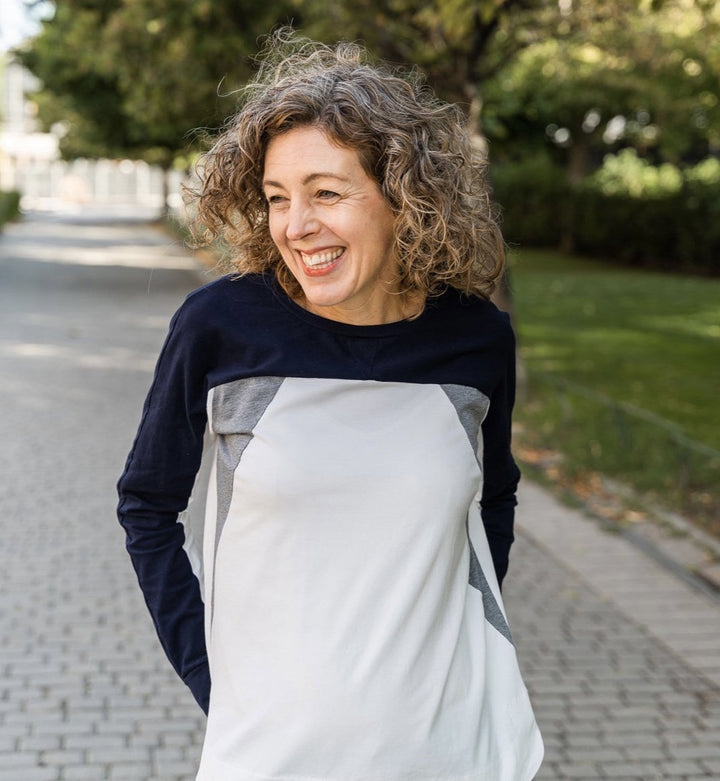 Liesl + Co Norde T-Shirt and Sweatshirt sewing pattern with color-blocked design and boxy fit