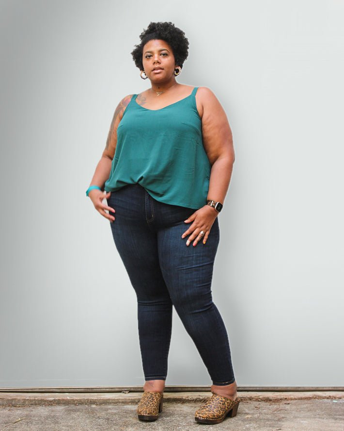 True Bias Ogden Cami sewing pattern in sizes 14–30 with V-neckline, wide straps, and partial lining for a polished finish.