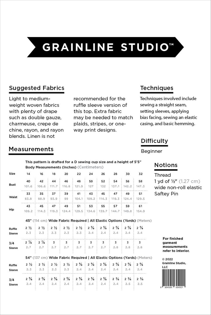 Grainline Studio Corbin Top sewing pattern for sizes 14–32, featuring ruffled cap and 3/4-length sleeve options.