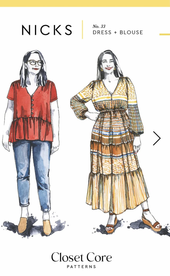 Closet Core Nicks Dress + Blouse sewing pattern – bohemian V-neck dress, tunic, and blouse with gathered shoulders and puffed sleeves”