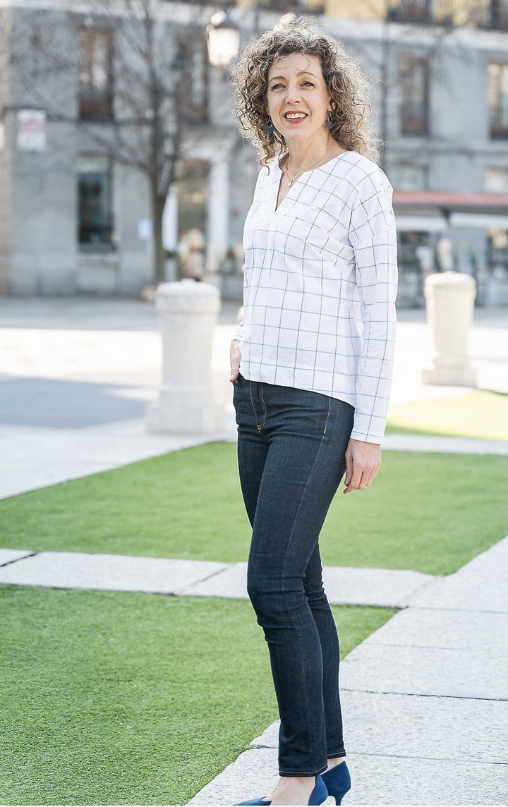 Liesl + Co Verdun Woven T-Shirt sewing pattern with scooped neckline and sleeve options