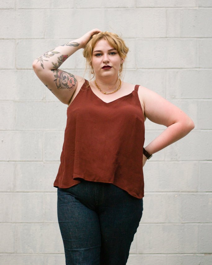True Bias Ogden Cami sewing pattern in sizes 14–30 with V-neckline, wide straps, and partial lining for a polished finish.
