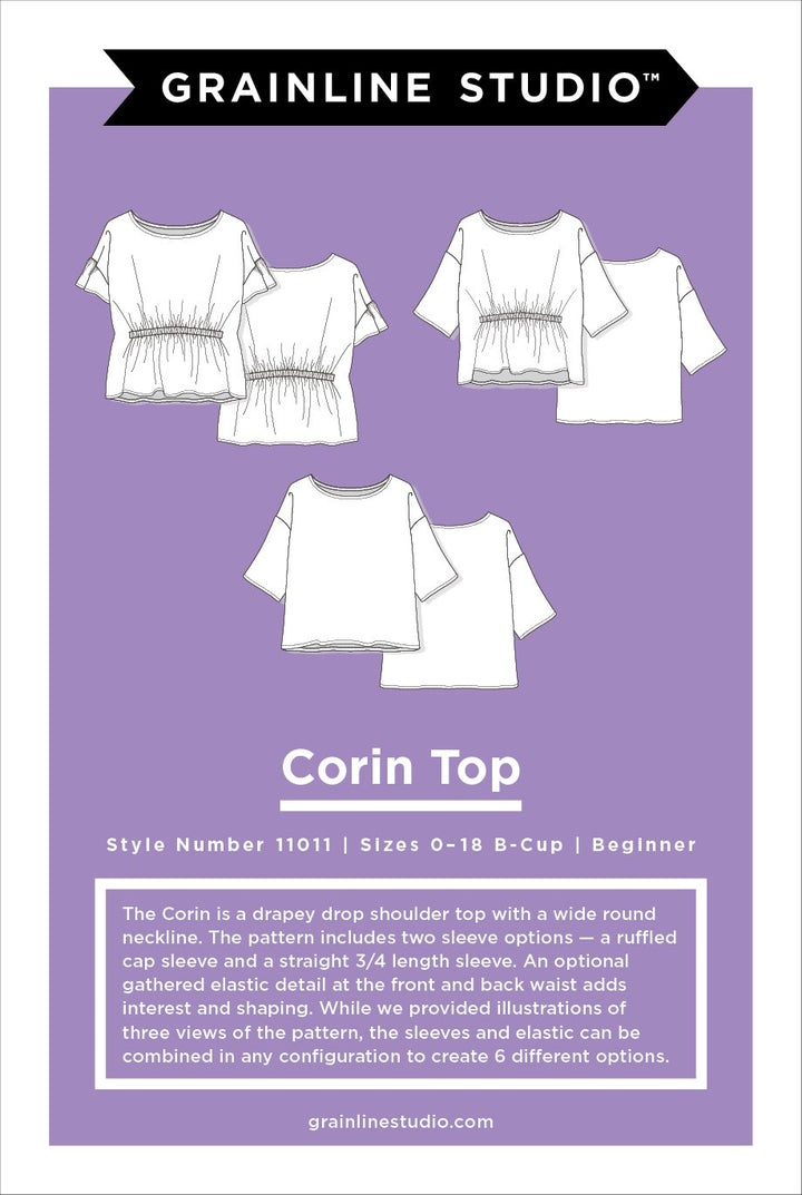 Grainline Studio Corbin Top sewing pattern for sizes 14–32, featuring ruffled cap and 3/4-length sleeve options.