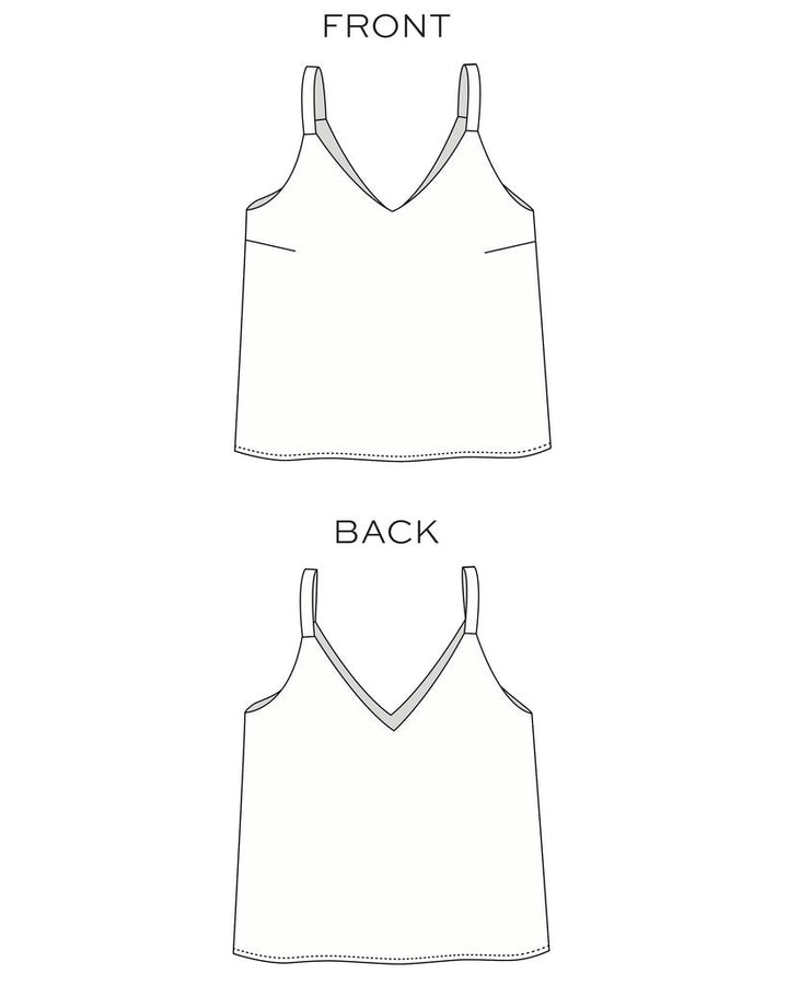 True Bias Ogden Cami sewing pattern in sizes 14–30 with V-neckline, wide straps, and partial lining for a polished finish.