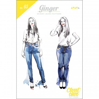 Closet Core Ginger Skinny Jeans sewing pattern – flattering stretch denim jeans with high-rise skinny or low-rise stovepipe options