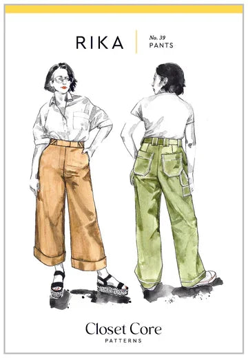 Closet Core Rika Pants sewing pattern showing high-rise straight-leg trousers with angled pockets