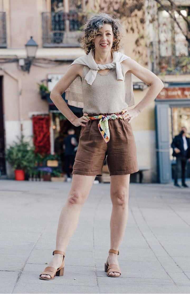 Liesl + Co Lisboa Walking Shorts sewing pattern with paper-bag waist and back pocket options