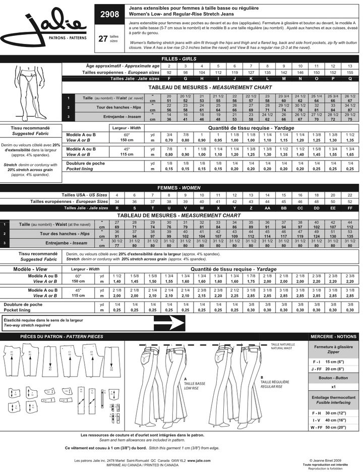 Jalie 2908 Women’s Stretch Jeans sewing pattern – slim fit with flared leg and two rise options