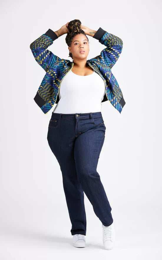 Cashmerette Ames Jeans sewing pattern – 5-pocket denim jeans with high-rise waist and skinny or straight leg options.