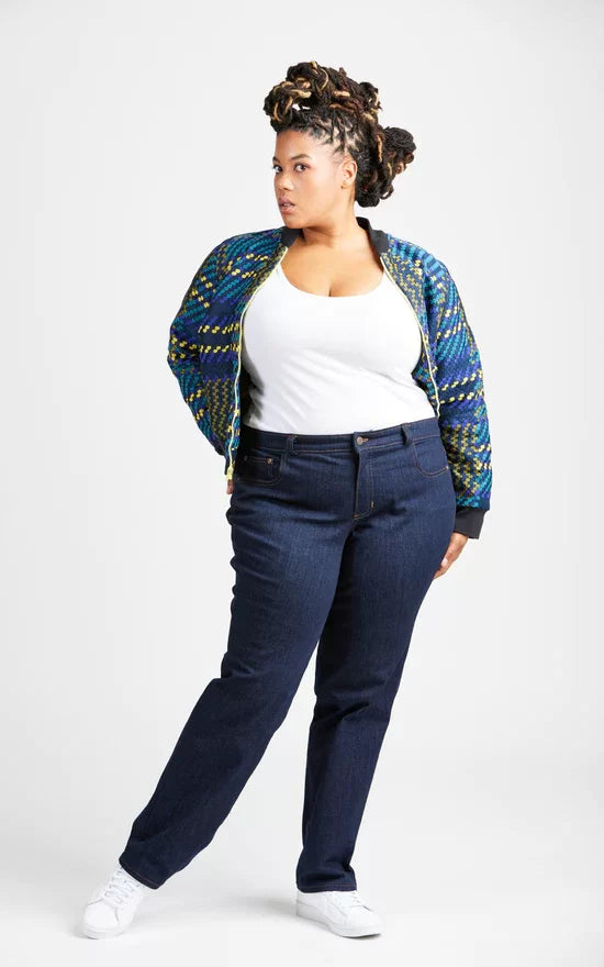 Cashmerette Ames Jeans sewing pattern – 5-pocket denim jeans with high-rise waist and skinny or straight leg options.