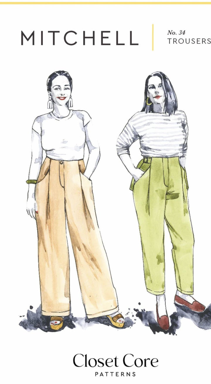 Create elegant, high-waisted pleated trousers with the Closet Core Mitchell Pattern. Featuring deep front pleats, angled pockets, tapered or wide-leg options, and optional waist tie, this sewing pattern is perfect for polished everyday wear.